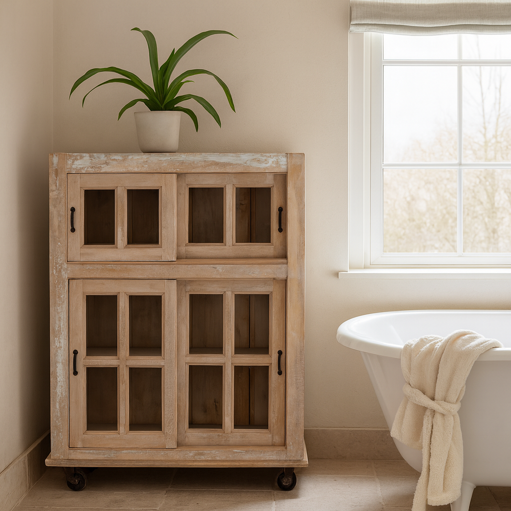 Lifestyle image of a vintage vitrine made of sandblasted reclaimed wood with glass-panelled doors and iron wheels; rustic reclaimed wood furniture, 100 × 40 × 160 cm.