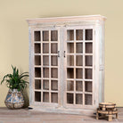 Tall reclaimed wood cabinet in sandblasted vintage design with glass-panelled doors; rustic living room furniture, 100 × 40 × 190 cm.