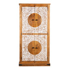 White background image of a mango wood furniture cabinet with full front floral carving, artisanal bedroom furniture with hand-carved details, 180 × 90 × 40 cm.
