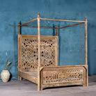 Hand-carved Indian 4-poster bed in solid mango wood with canopy design, rustic bedroom furniture, 180 × 200 cm.