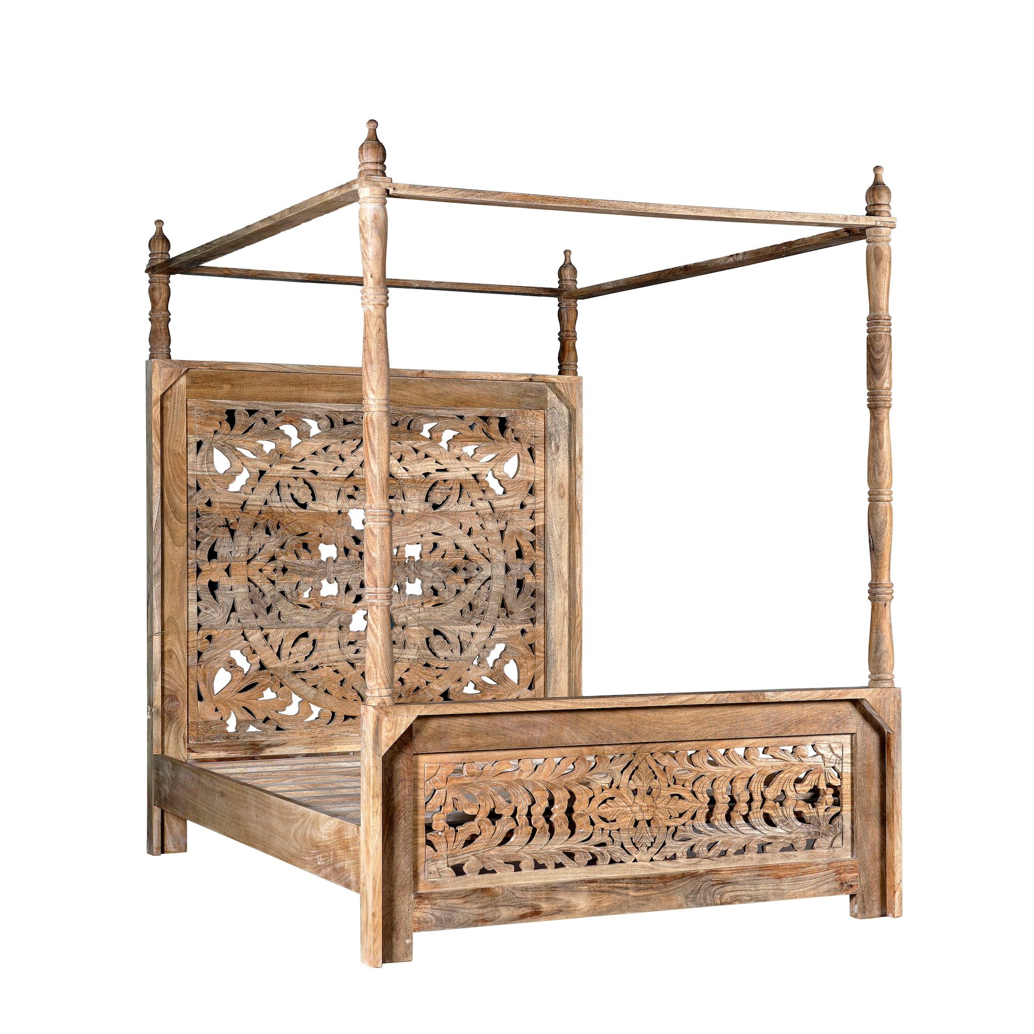 White background image of a hand-carved Indian 4-poster bed in solid mango wood with canopy design, rustic bedroom furniture, 180 × 200 cm.