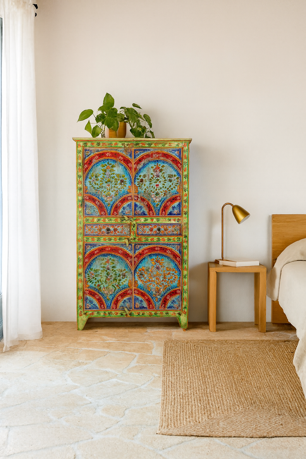Lifestyle scene with a hand-painted cabinet made from reclaimed wood with colourful floral motifs – a sustainable furniture piece ideal for expressive Indian home decor.