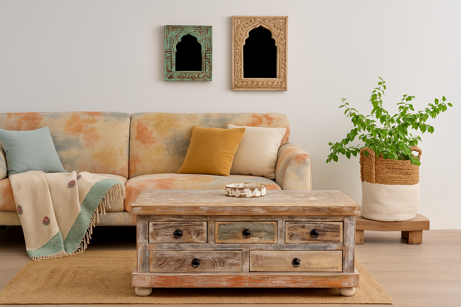 Handcrafted mango wood coffee table Box Table Panipat with drawers and box storage, vintage coffee table design, 90 × 90 × 45 cm.