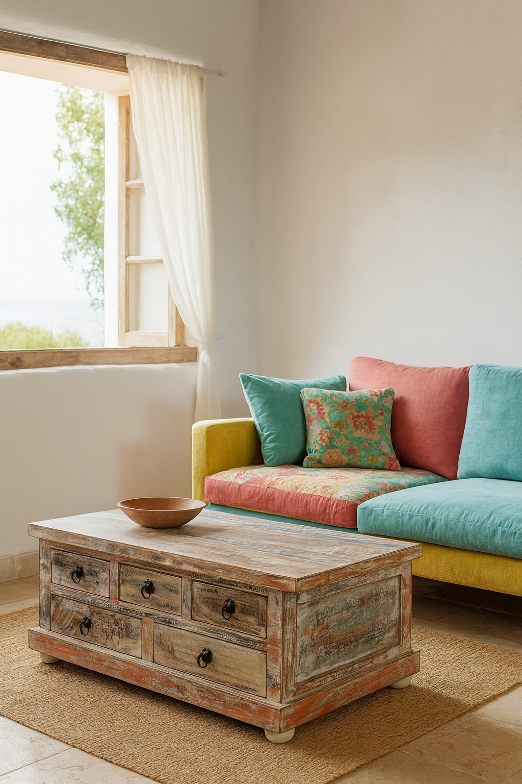 Lifestyle scene with a handcrafted mango wood coffee table Box Table Panipat with drawers and box storage, vintage coffee table design, 90 × 90 × 45 cm.