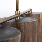 Close up image of a long wooden pendant light with brass-lined interior and three lights – vintage lighting with natural grain finish, perfect for kitchens, dining areas, or living rooms.