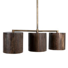 White background image of a long wooden pendant light with brass-lined interior and three lights – vintage lighting with natural grain finish, perfect for kitchens, dining areas, or living rooms.