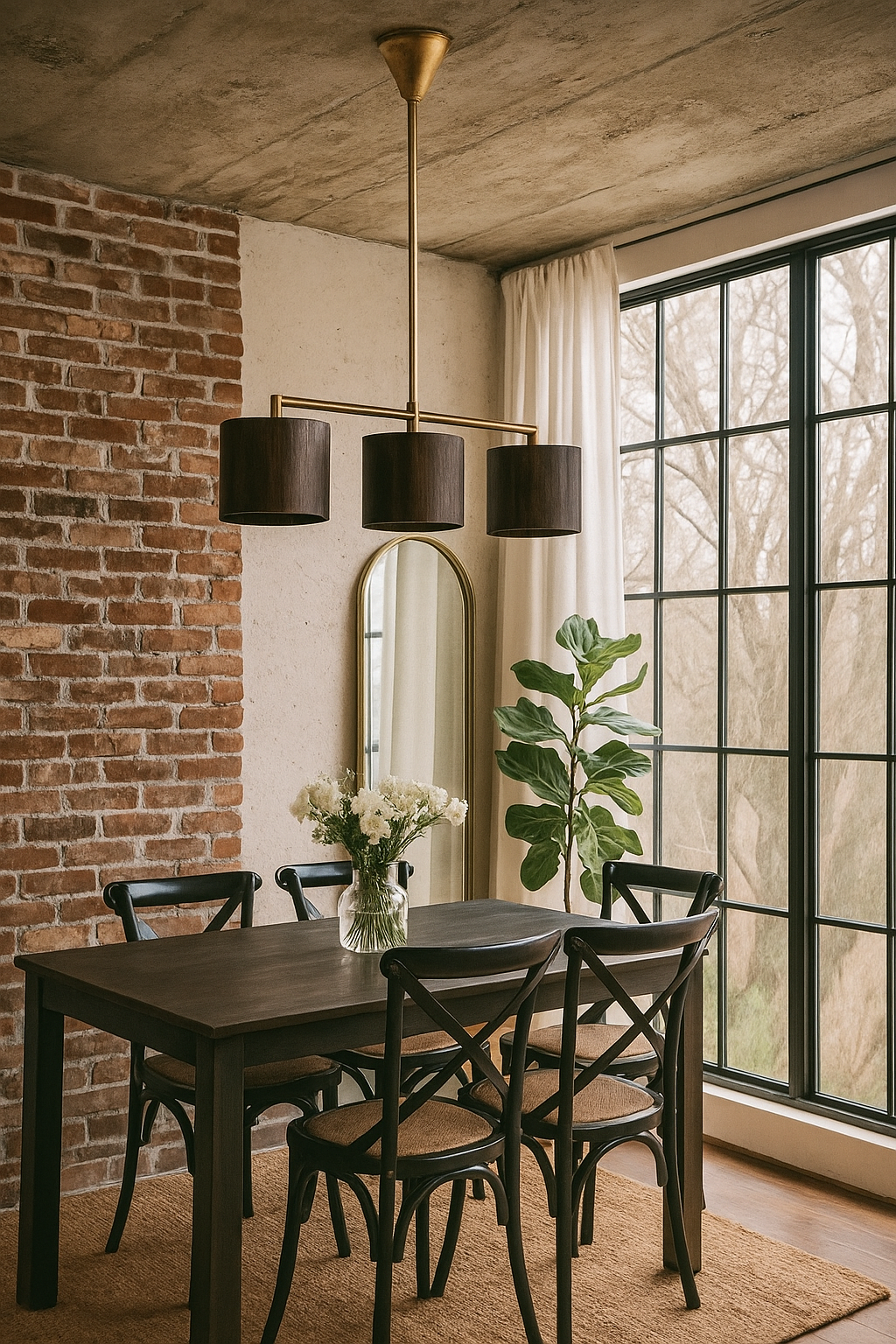 Lifestyle image of a long wooden pendant light with brass-lined interior and three lights – vintage lighting with natural grain finish, perfect for kitchens, dining areas, or living rooms.