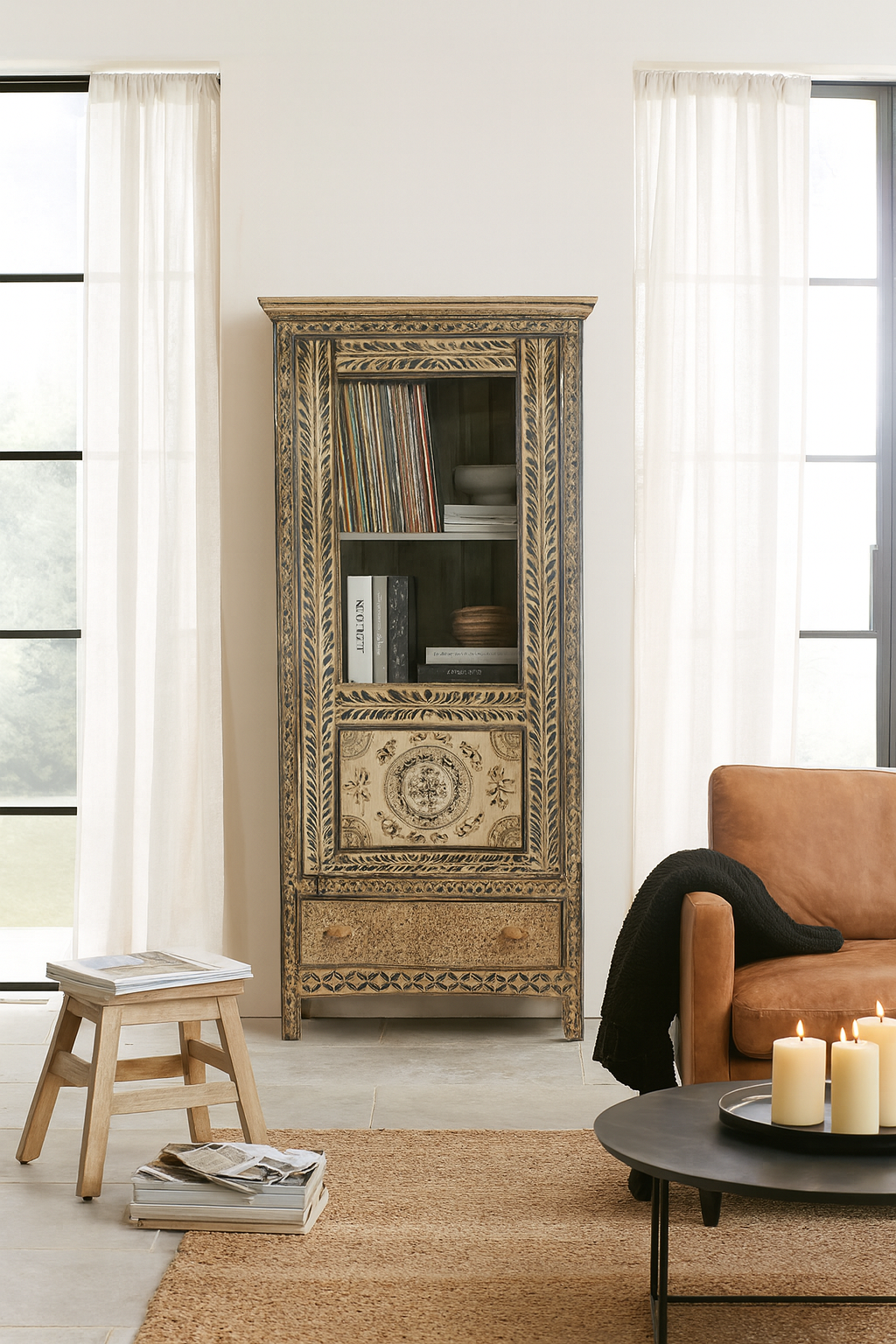 Lifestyle image of a hand-painted Indian display cabinet with engraved Sanskrit motifs, drawer and compartments – unique Indian furniture made from recycled wood with artisanal detail.