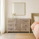 Lifestyle imagination of a vintage mango wood furniture sideboard with hand-carved details and distressed style finish, 150 × 40 × 90 cm.