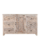 White background image of a vintage mango wood furniture sideboard with hand-carved details and distressed style finish, 150 × 40 × 90 cm.