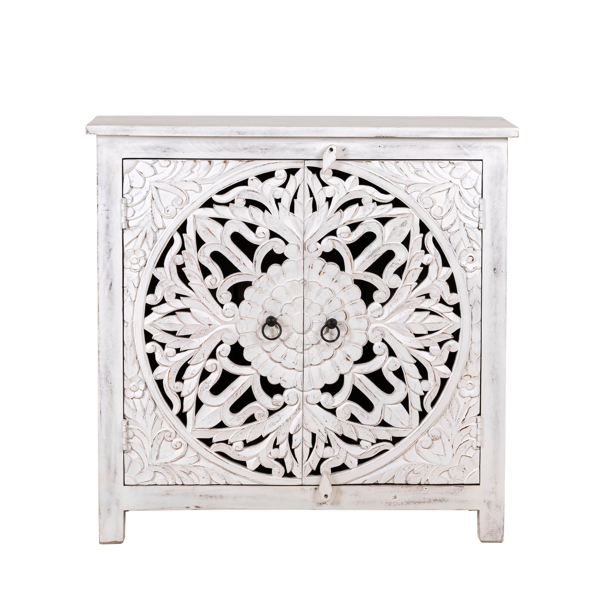 White background image of a white carved wood cabinet made from solid mango wood with hand-carved Indian motifs, 90 × 90 × 40 cm.