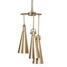 White background image of a polished brass iron pendant lamp with sleek tapered shape – minimalistic style lighting fixture with three lights for kitchens, dining rooms, or entryways.