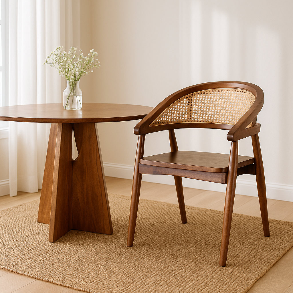 Lifestyle imagination of an acacia wood chair with curved frame and woven rattan backrest, elegant wooden armchair, 60 × 45 × 90 cm.