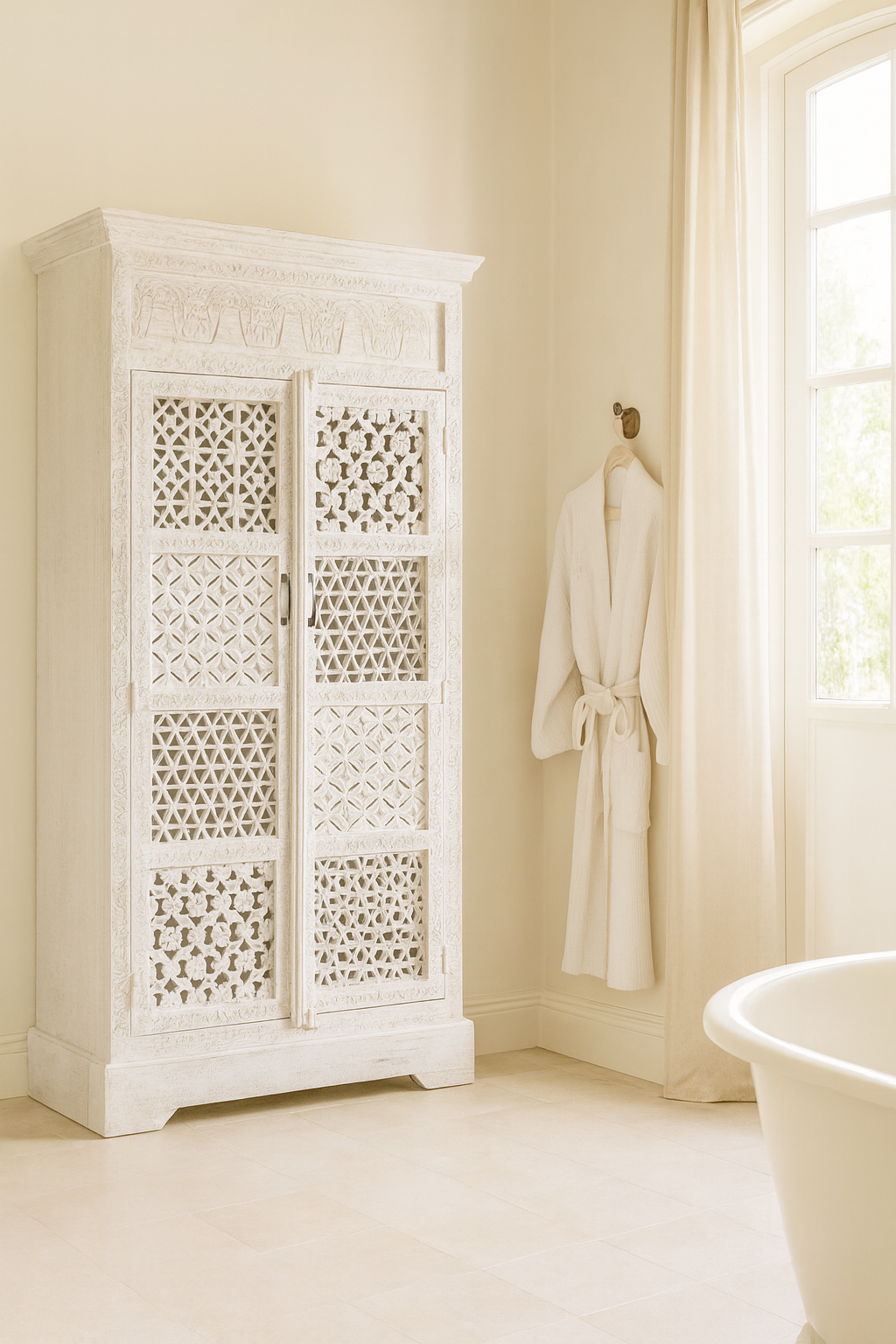 Hand-carved mango wood wardrobe with whitewashed finish, bedroom furniture wooden wardrobe with floral and geometric lattice doors, 90 × 190 × 40 cm.
