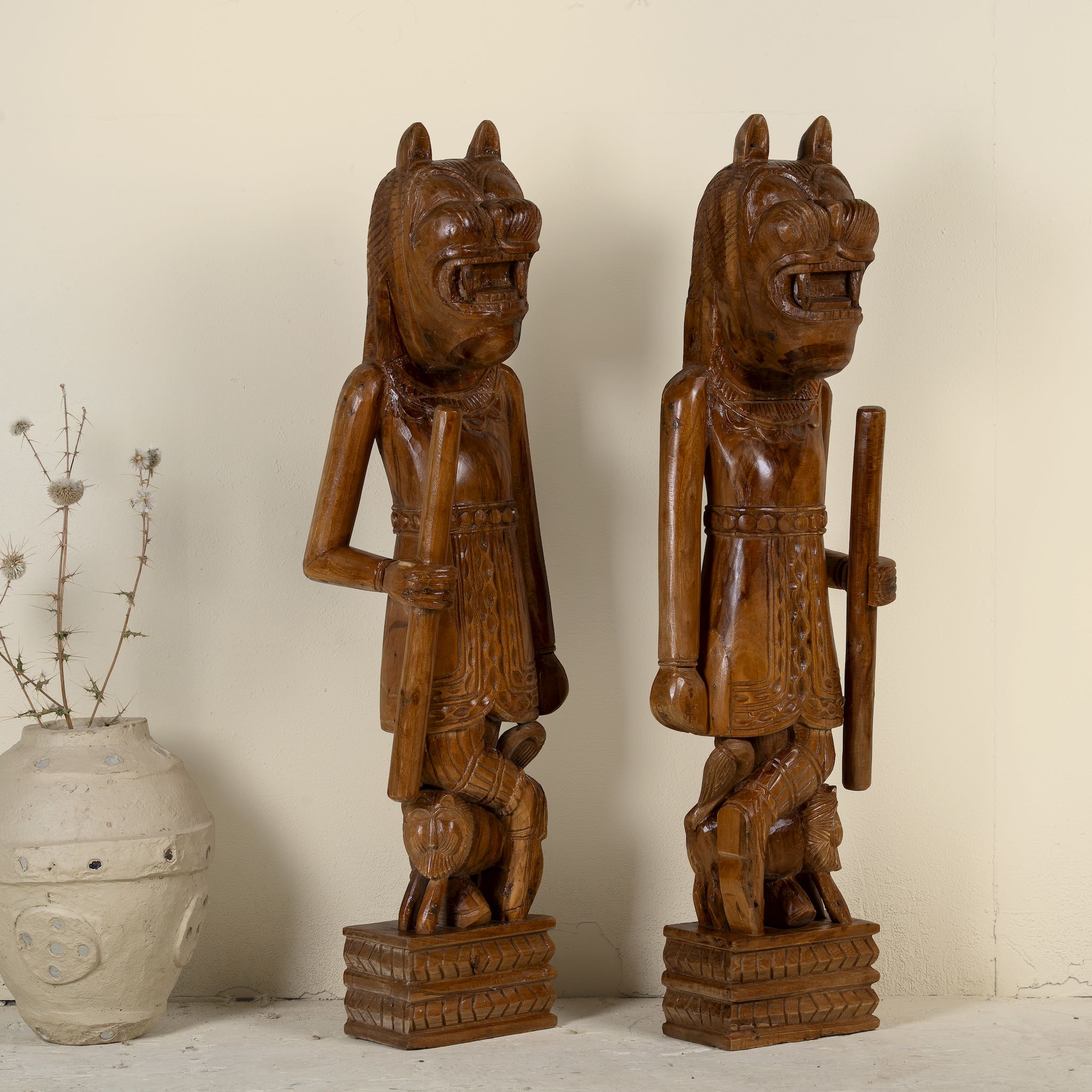 Hand-carved Indian tiger house guardian statues in exotic style, made from reclaimed wood; sustainable furniture, 40 × 20 × 120 cm.