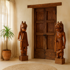 Lifestyle image of a hand-carved Indian house guardian statue in exotic style, made from reclaimed wood; sustainable furniture, 40 × 20 × 120 cm.