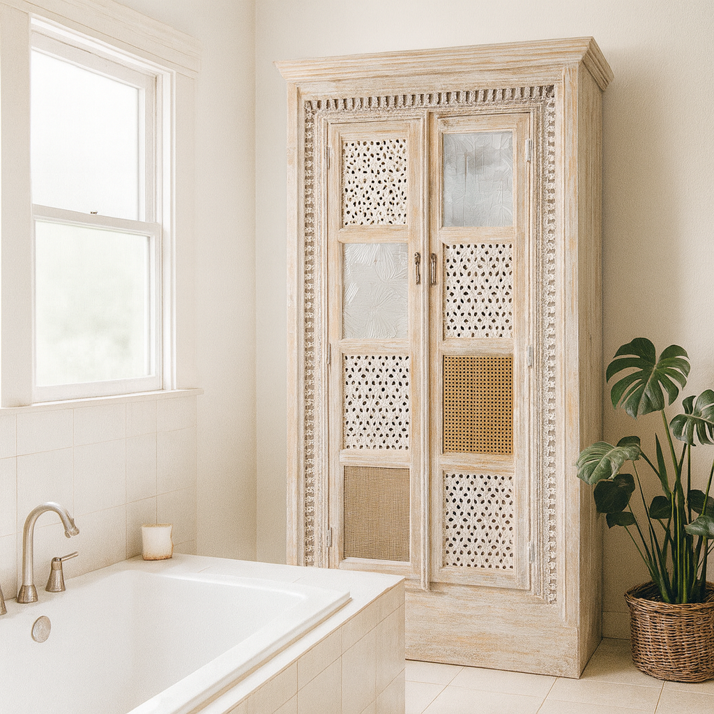 Lifestyle image of a whitewashed mango wood cabinet with hand-carved details, rattan inserts, and glass panels; versatile as bedroom furniture or wooden wardrobe; 192 × 110 × 40 cm.