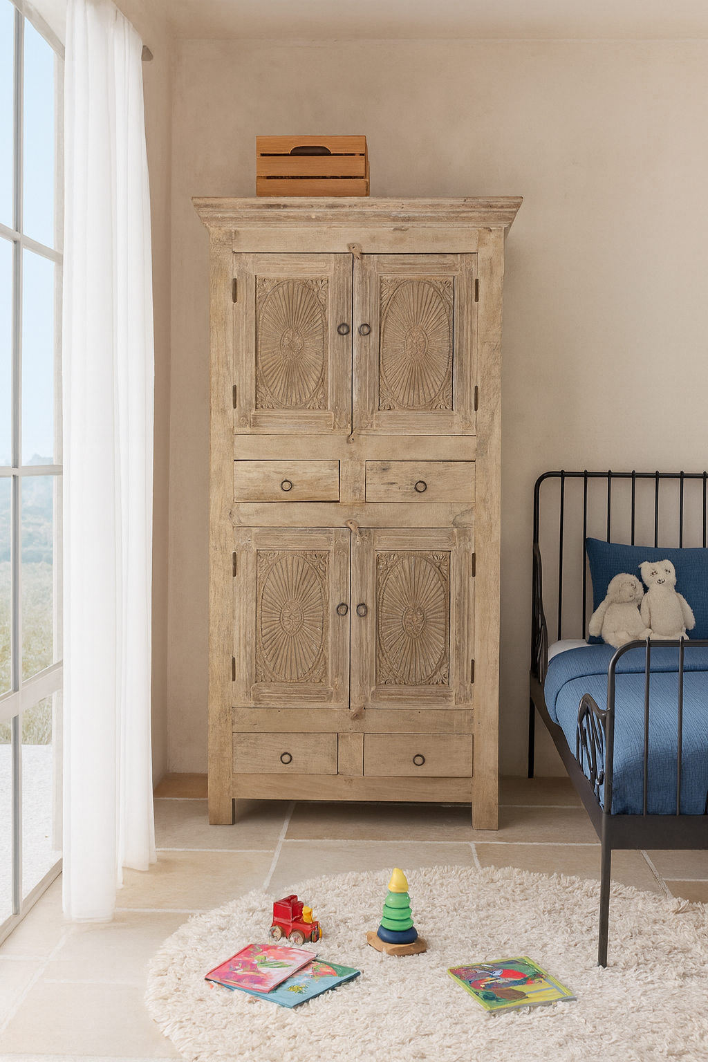 Lifestyle image of a handcrafted wooden carved wardrobe with antique panel doors – teak wood furniture with rustic charm and traditional detailing.