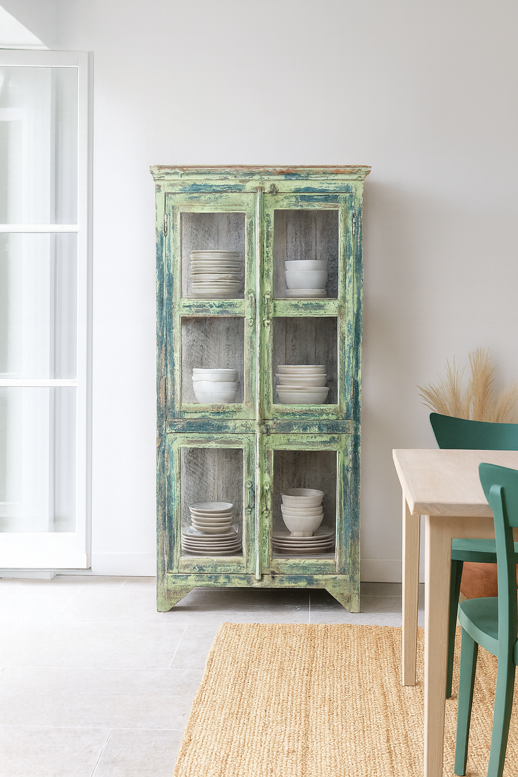 Lifestyle image of a refurbished teak wood showcase with distressed green finish – sustainable furniture with boho style interior appeal and glass-panelled storage.