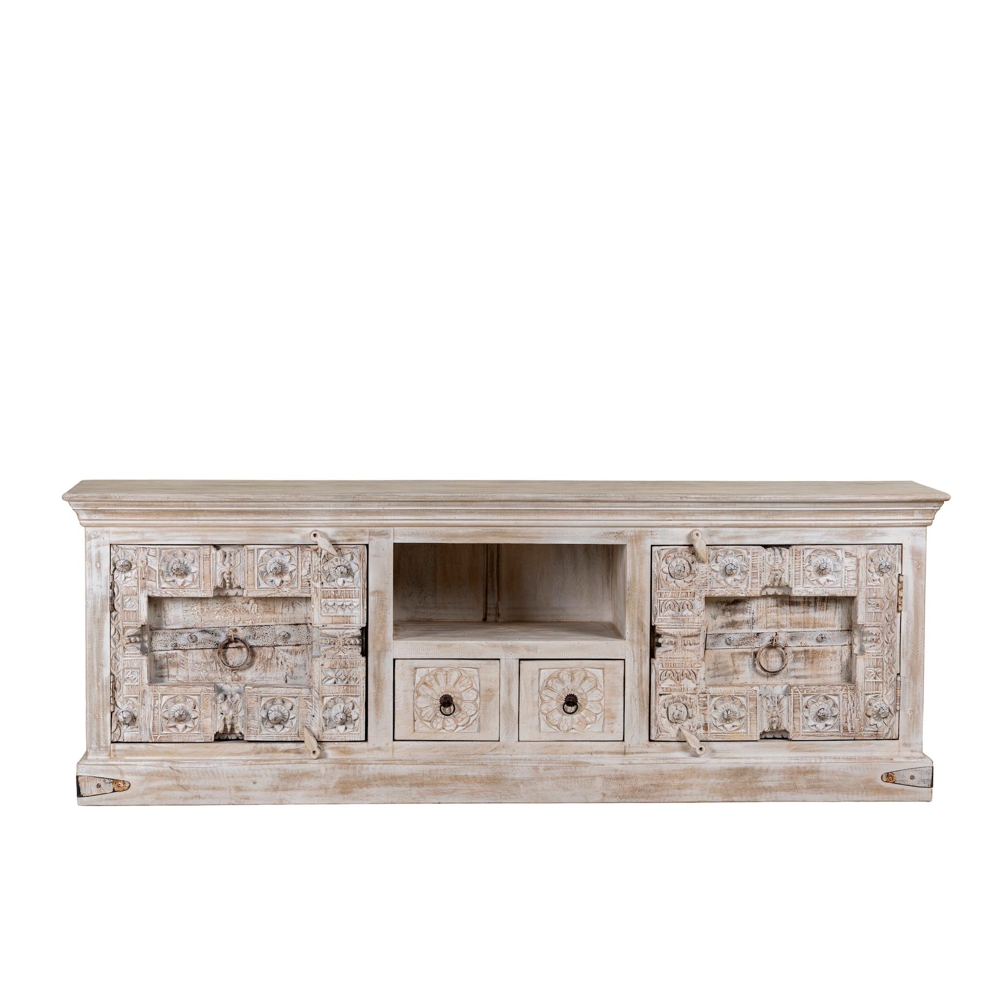 White background picture of a wood carved sideboard made from antique teak and mango wood, whitewashed Indian furniture, Rewa design, 180 × 40 × 70 cm.