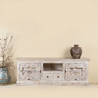 Wood carved sideboard made from antique teak and mango wood, whitewashed Indian furniture, Rewa design, 180 × 40 × 70 cm.