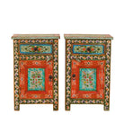 White background image of a hand-painted bedside tables made from recycled wood – vintage night stands with carved mango wood furniture detailing and floral artistry.