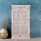 Hand carved furniture wardrobe Ruchi, Indian furniture with arched teak doors and whitewashed mango wood body, 112 × 46 × 190 cm.