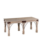 Side angle white background image of a teak wood dining table with six hand-carved pillar legs; reclaimed Indian dining table, 180 × 90 × 75 cm.