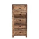 White background image of a  Wabi-Sabi style chest of drawers crafted from recycled old wood, featuring six drawers with a natural, weathered driftwood finish and visible wood grain variations.

