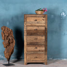 Front view image of a Wabi Sabi style chest of drawers crafted from recycled old wood, featuring six drawers with a natural, weathered driftwood finish and visible wood grain variations.


