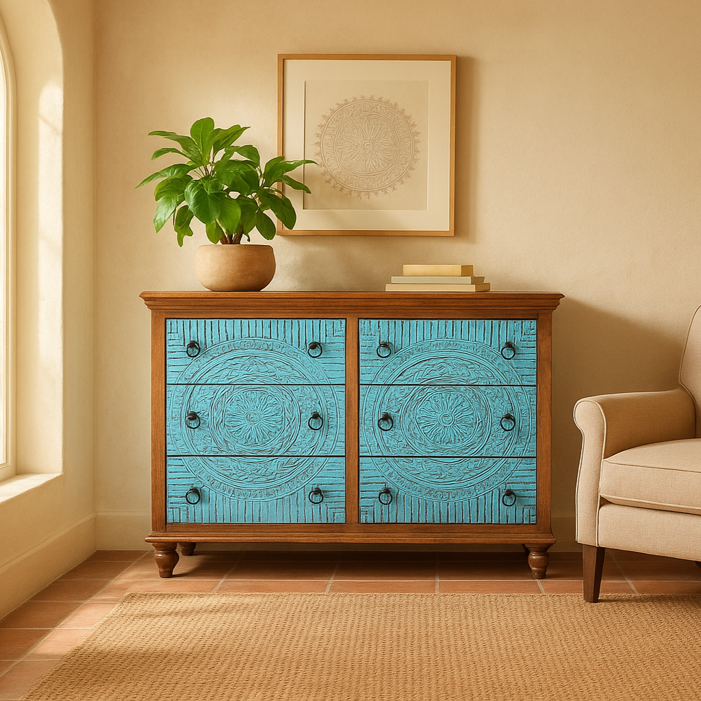 Hand-carved mango wood chest of drawers Safita with distressed blue finish and iron fittings, boho style living room furniture, 140 × 42 × 100 cm.