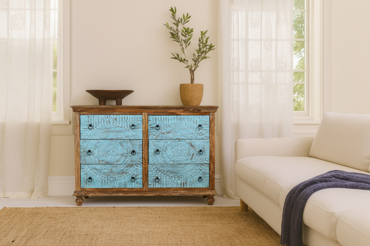 Hand-carved mango wood chest of drawers Safita with distressed blue finish and iron fittings, boho style living room furniture, 140 × 42 × 100 cm.