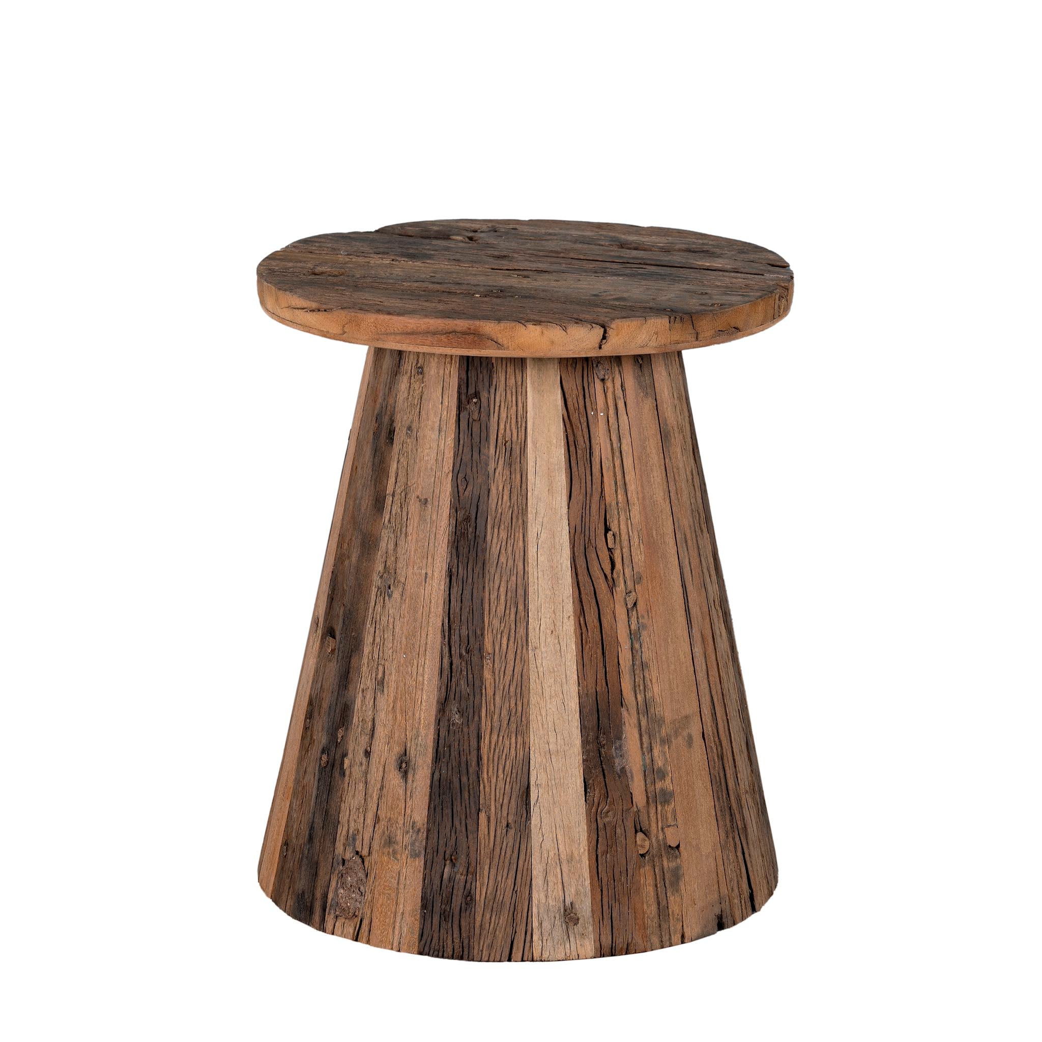 White background image of a rustic-style coffee table crafted from recycled wood, featuring a round top and tapered conical base with a natural, weathered finish showcasing varied wood tones and textures.