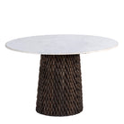 White background image of a round dining table with white marble top and solid mango wood base, handcrafted strip design; elegant marble furniture piece, 120 cm diameter × 72 cm height.