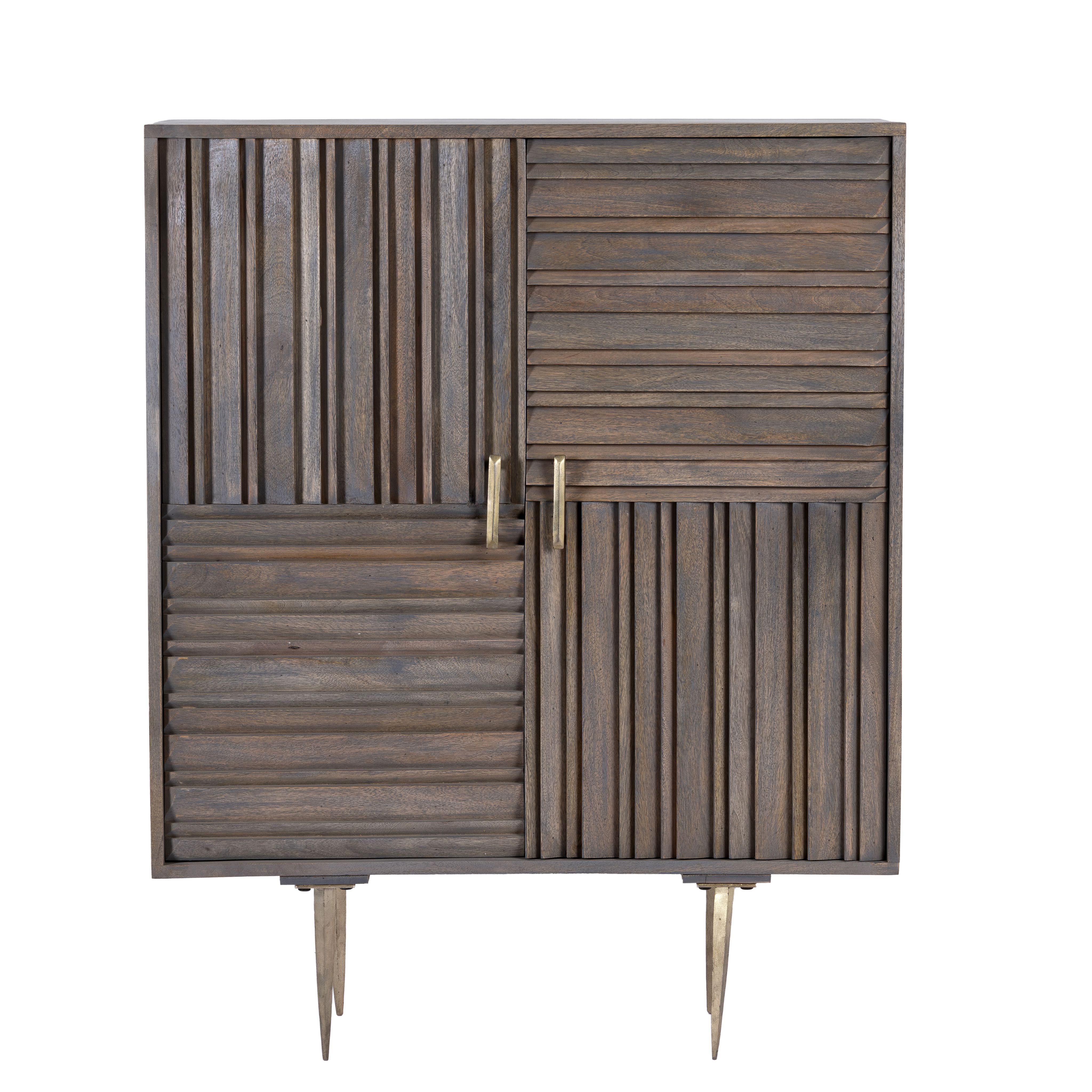 White background image of a grey carved cabinet in mango wood with linear carvings and brass‑plated iron base, 92 × 42 × 115 cm.