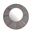 Grey carved cabinet in mango wood with linear carvings and brass‑plated iron base, 92 × 42 × 115 cm.