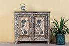 Hand-painted cupboard made from reclaimed wood with Indian floral motifs; ideal for boho chic living room or unique furniture decor, 100 × 92 × 36 cm.