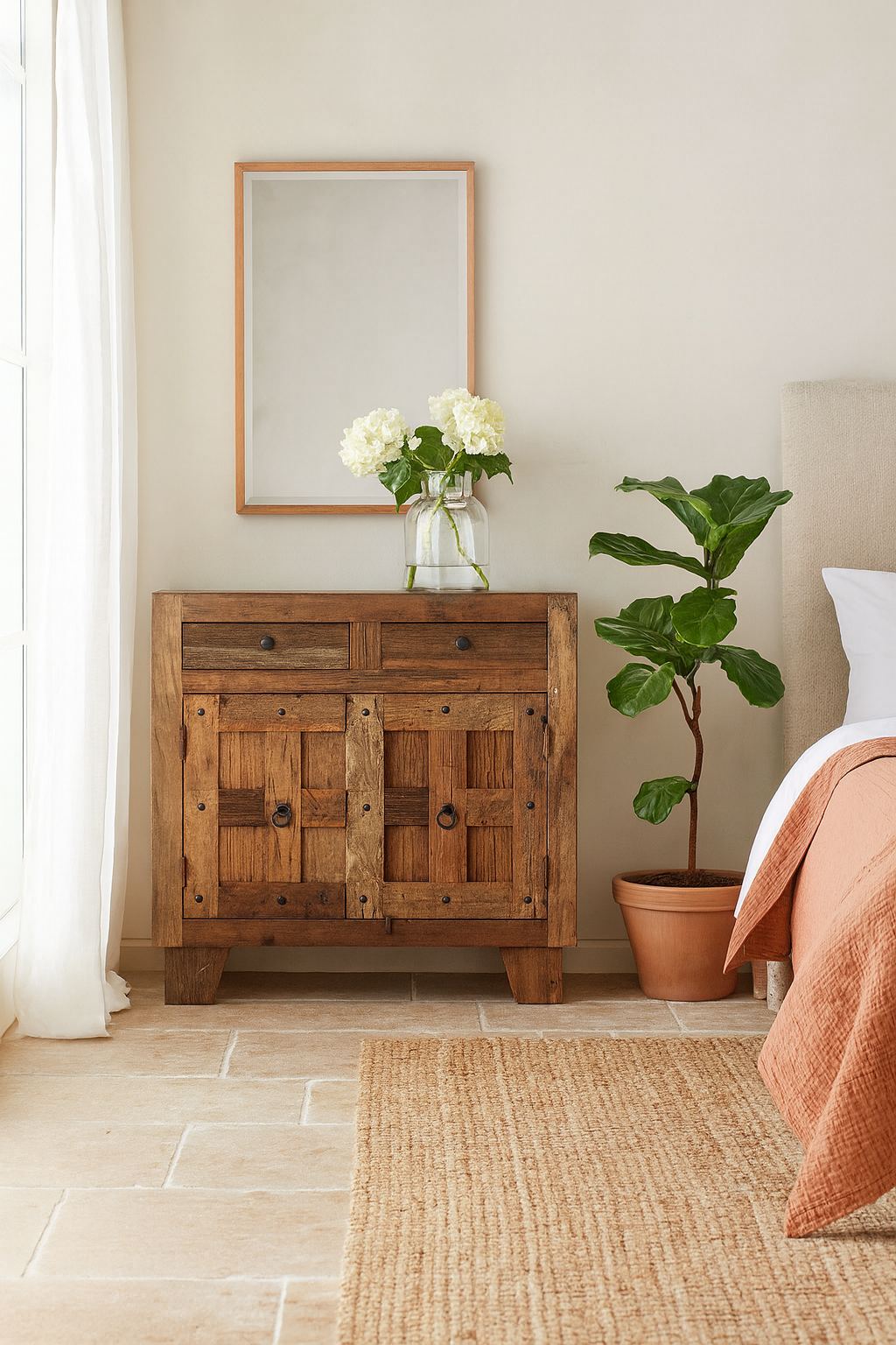 Lifestyle imagination of a driftwood cabinet made from reclaimed wood with panelled doors, drawers, and rustic finish, 90 × 40 × 90 cm.
