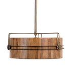 White background image of a rustic single light pendant lamp with Mango wood and antique brass iron frame – minimalistic style lighting ideal for dining tables, kitchen islands, or cozy living areas.