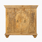 White background image of a Boho style mango wood furniture cabinet with hand-carved floral doors, Mediterranean-inspired design, 90 × 90 × 40 cm.