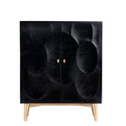 White background image of a black mango wood cabinet with carved circular patterns and brass-plated iron base, 91 × 43 × 111 cm.