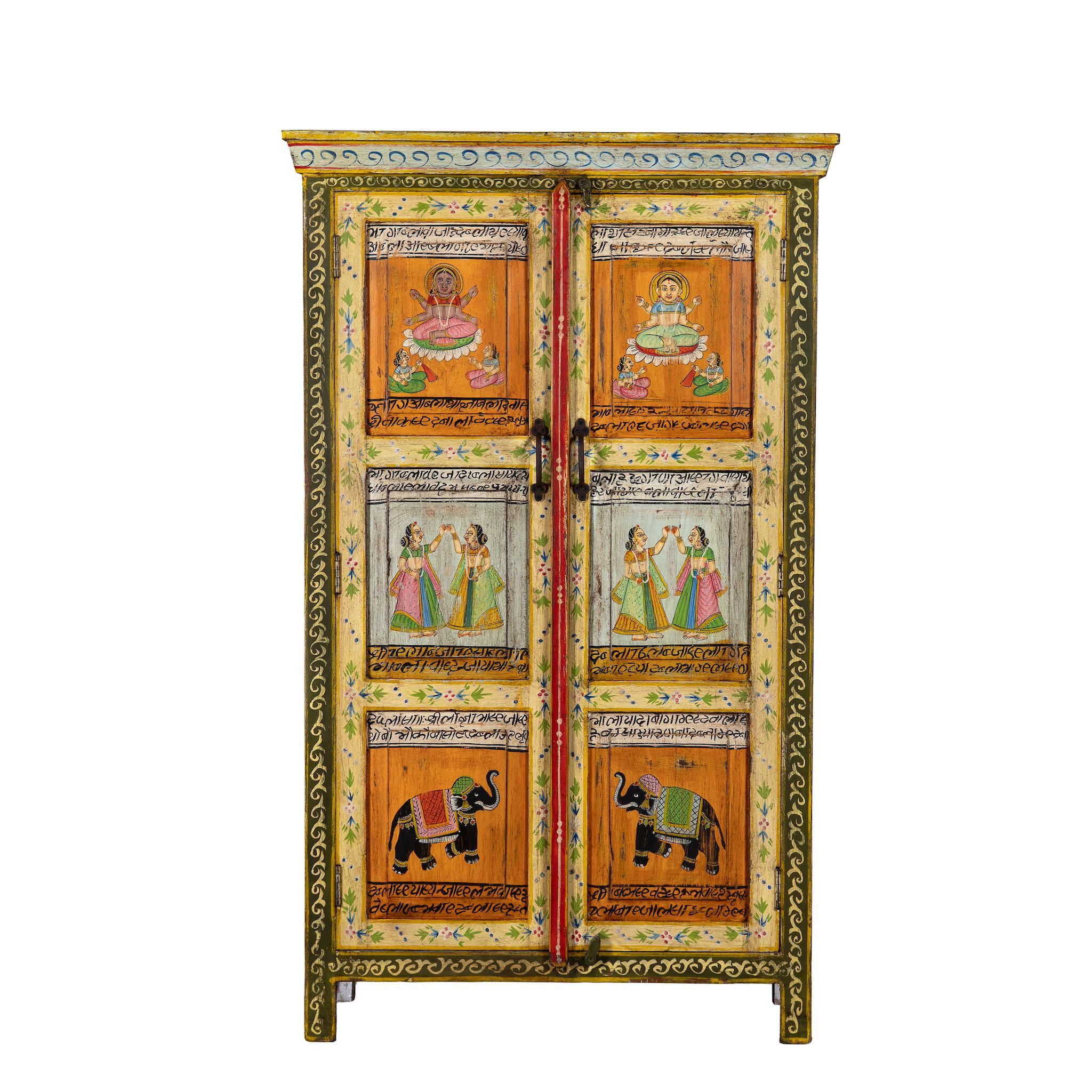 White background image of a hand-painted reclaimed wood cabinet with Indian gods, floral motifs, and distressed finish; unique furniture for vintage home decor, 90 × 40 × 150 cm.
