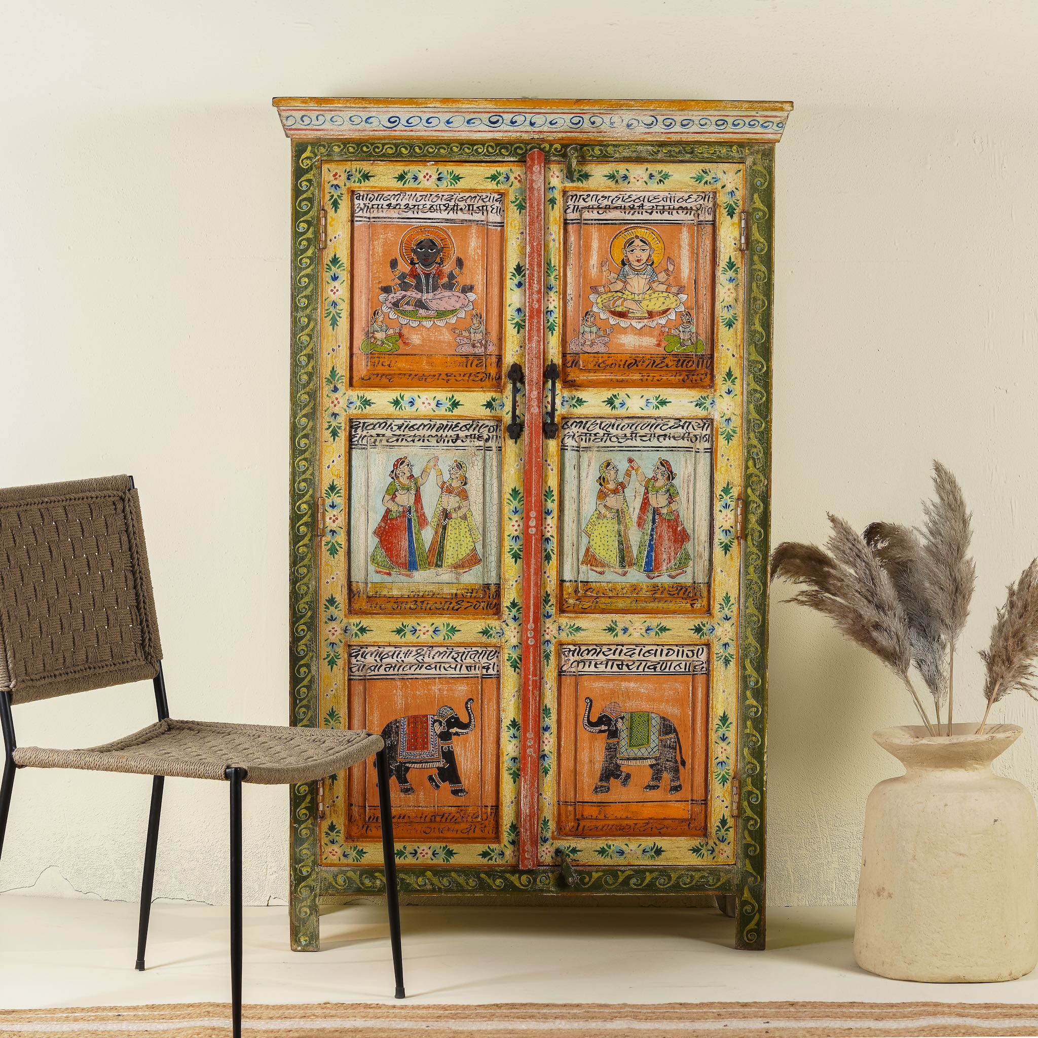 Hand-painted reclaimed wood vintage cabinet with intricate Indian god motifs and floral accents, featuring three compartments and a vintage-style finish.