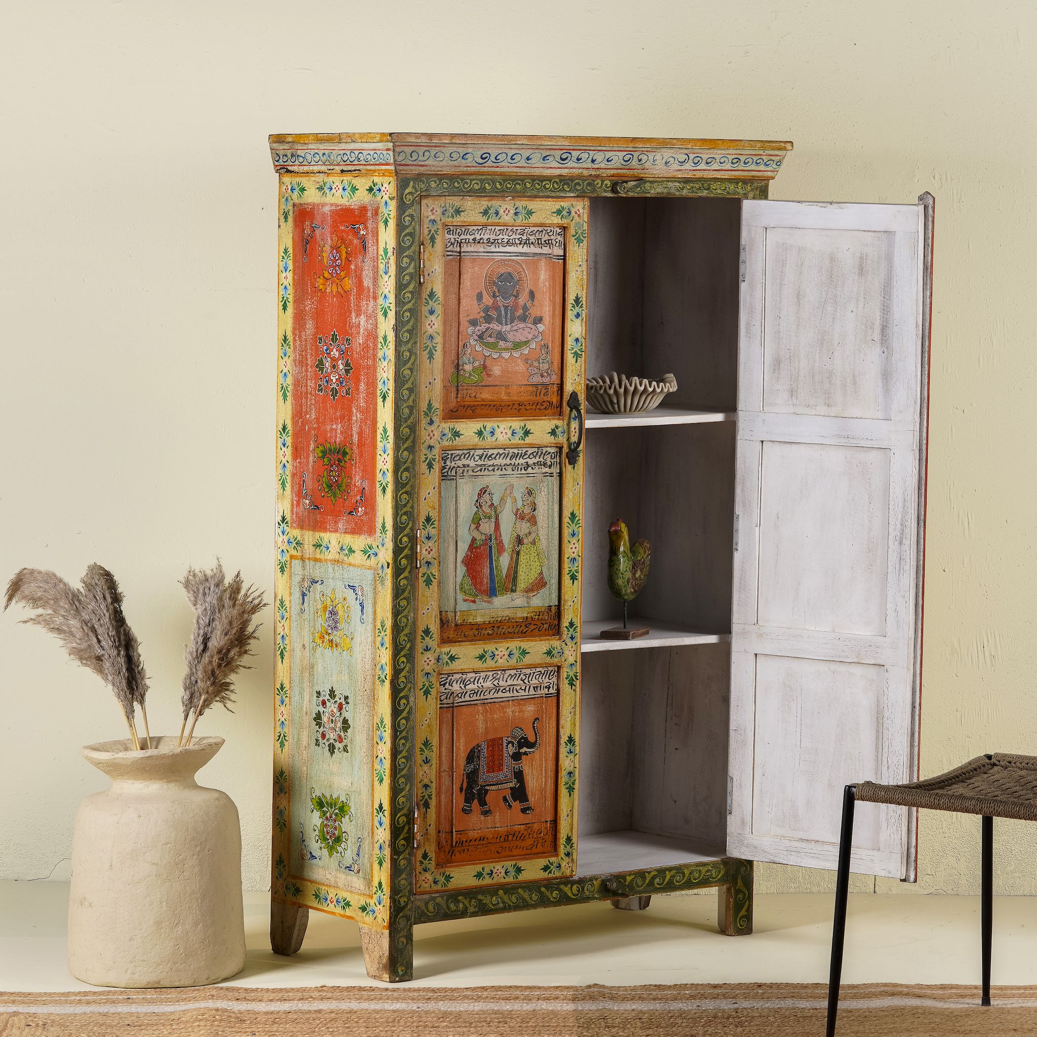 Hand painted reclaimed wood furniture cabinet with Indian god motifs, vintage furniture with cultural detailing, 90 × 40 × 150 cm.
