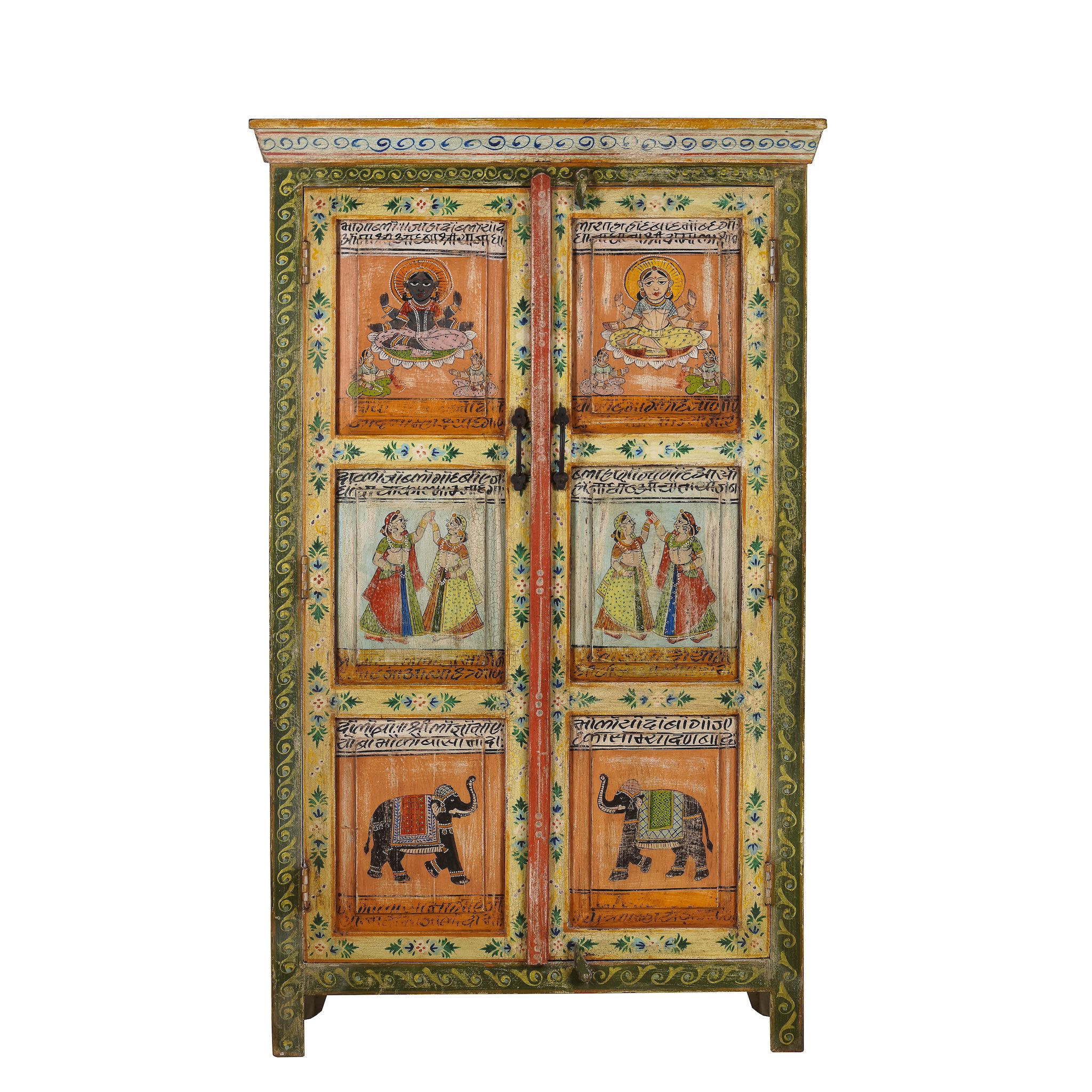 White background image of a hand painted reclaimed wood furniture cabinet with Indian god motifs, vintage furniture with cultural detailing, 90 × 40 × 150 cm.