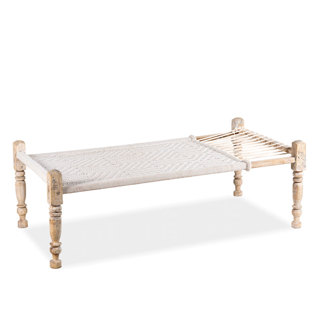White background image of a Traditional Indian day bed made from reclaimed teak with handwoven cotton rope; unique Indian furniture, 160 × 93 × 62 cm.