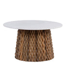 Round marble top coffee table with handcrafted mango wood base in strip design; wooden base coffee table, 80 cm diameter, 44 cm height.