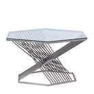 White background image of a hexagonal wire metal base coffee table with glass top; modern coffee table industrial style, 92 × 80 × 46 cm.