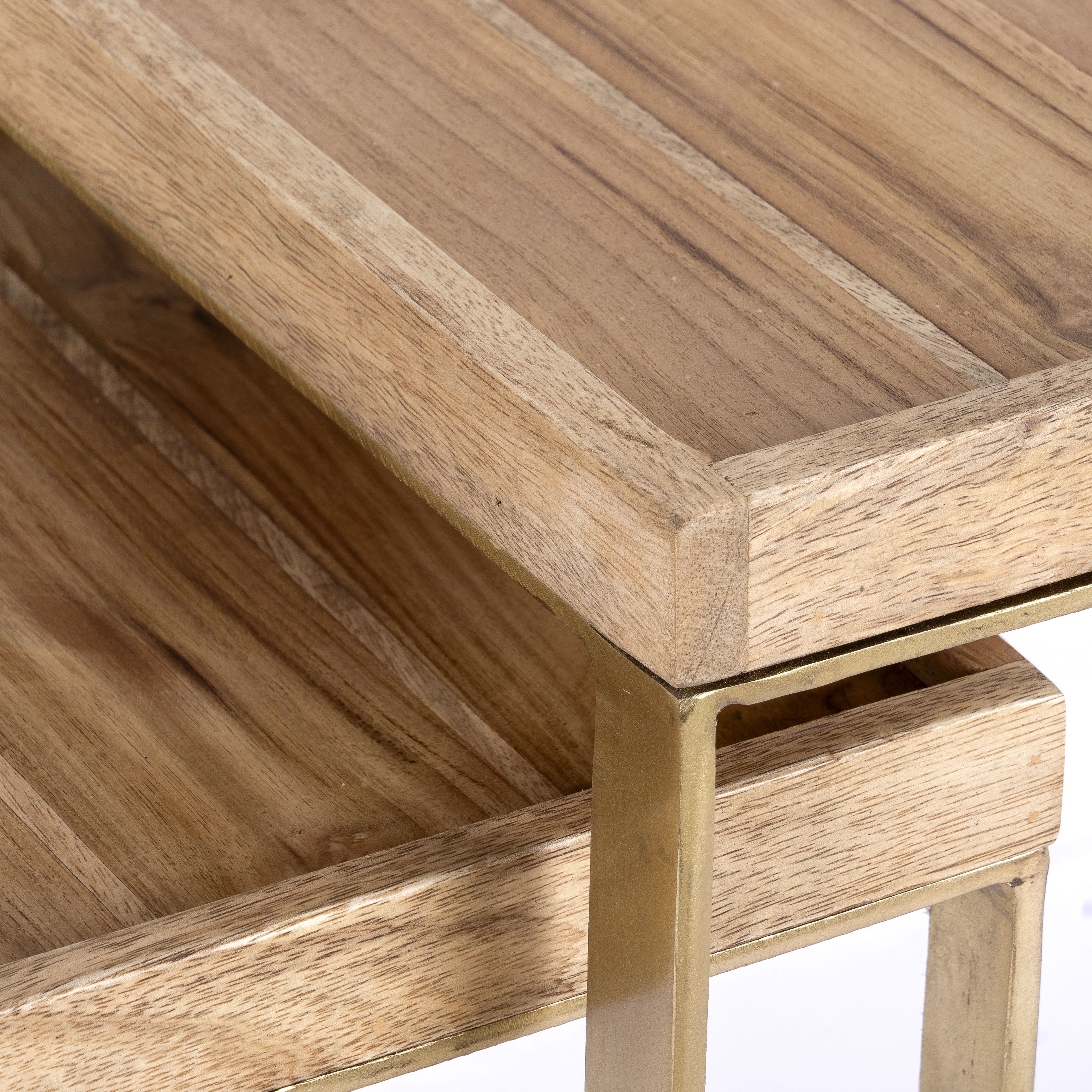 Close up image of a metal base side table with U-shaped brass-coated iron frame and mango wood tray top; wooden top side table, 38 × 38 × 75 cm.