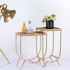 Side angle image of a metal base side table with U-shaped brass-coated iron frame and mango wood tray top; wooden top side table, 38 × 38 × 75 cm.